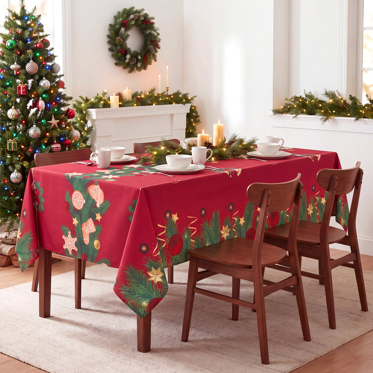 LUSHDIVA Christmas Rectangle Tablecloth, Holly Berry Ribbon Garland Bordered Fabric Dining Table Cover, Xmas Holiday Party Decor Table Cloth, 60" x 84"