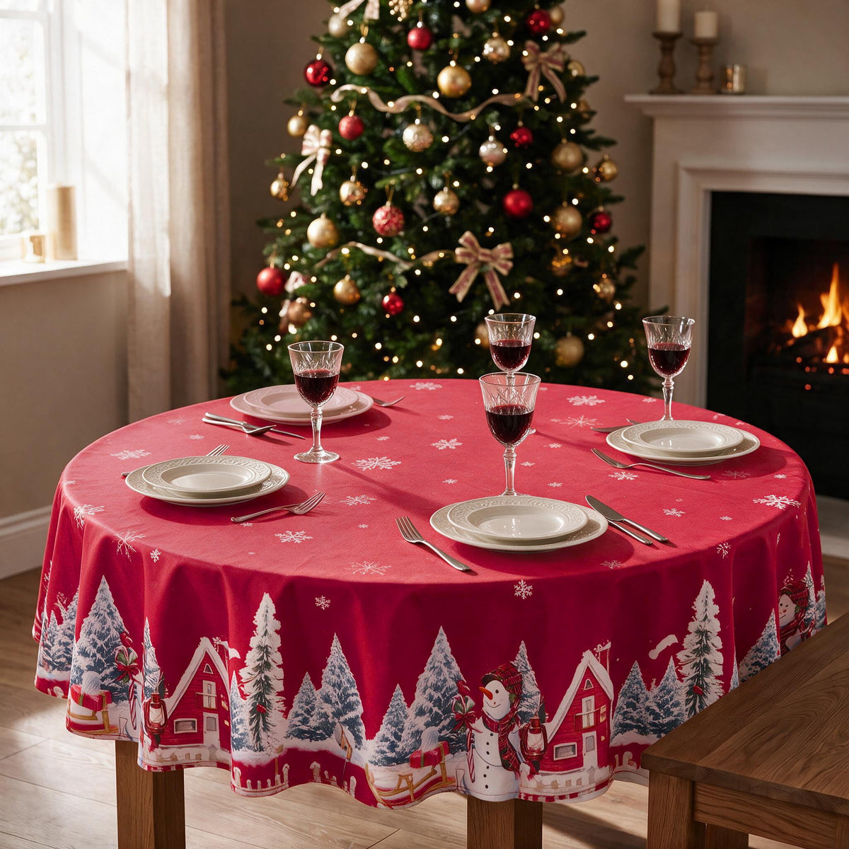 LUSHVIDA Christmas Tablecloth Rectangle, Winter Snowman House Christmas Trees Red Washable Table Cover for Party Picnic Dinner Decor, 60" x 84"