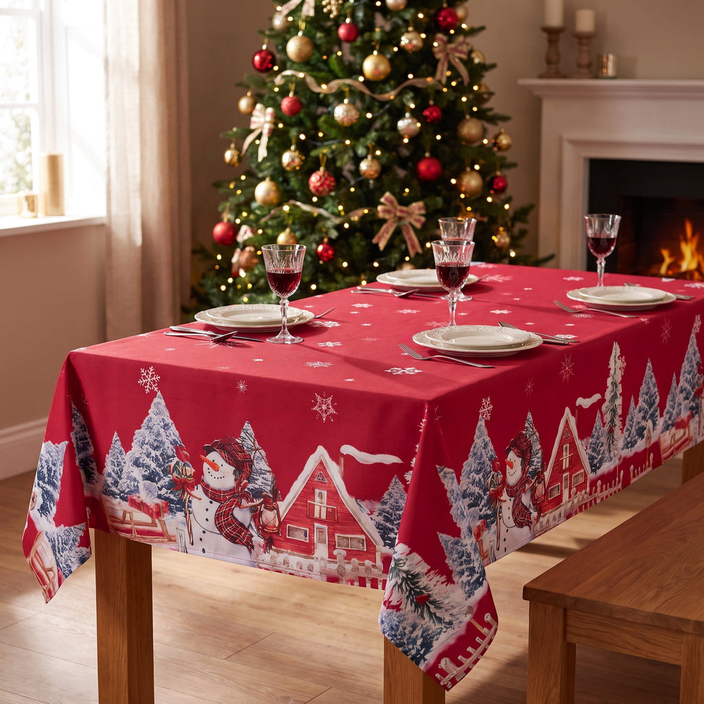 LUSHVIDA Christmas Tablecloth Rectangle, Winter Snowman House Christmas Trees Red Washable Table Cover for Party Picnic Dinner Decor, 60" x 84"