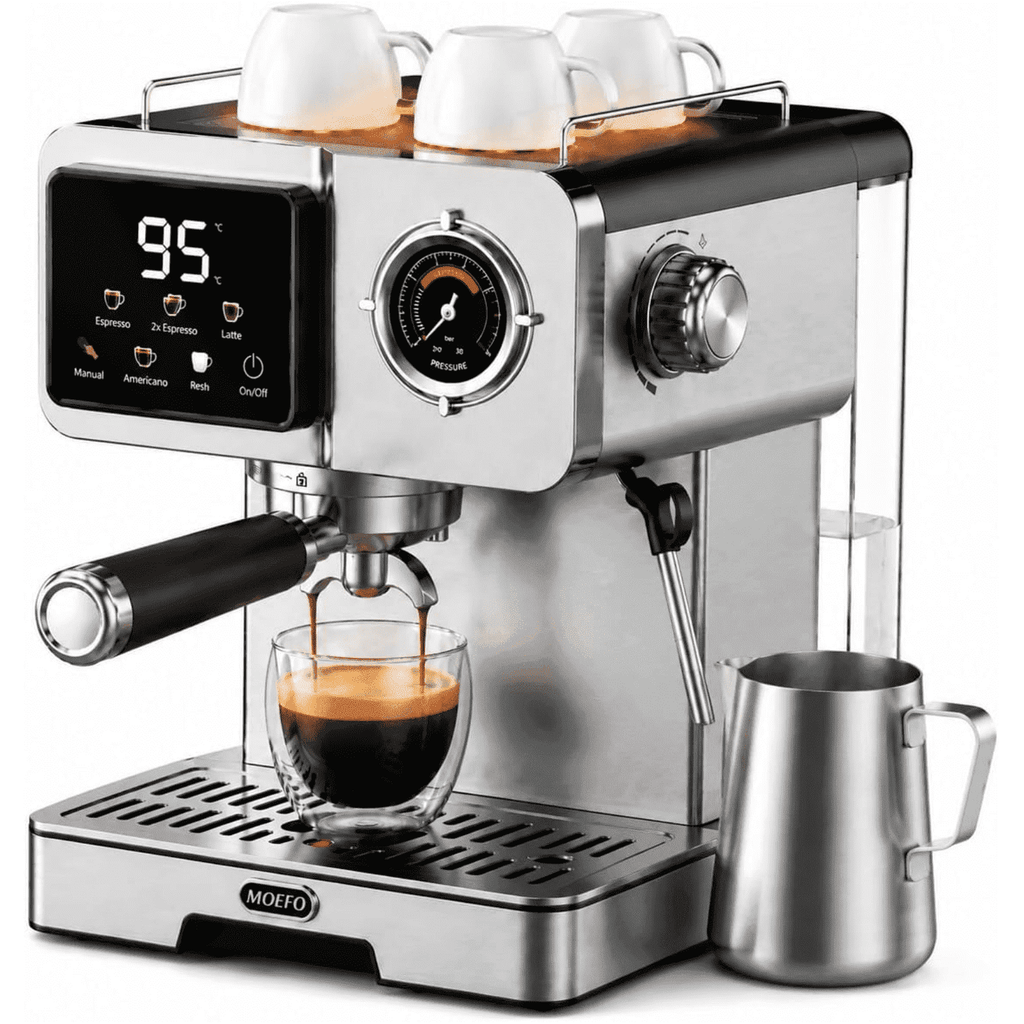 MOEFO 58mm Espresso Machine with Milk Frother, Semi Automatic Coffee Maker with Touchscreen LCD Display & Pressure Gauge, Stainless Steel Espresso Maker for Latte, Cappuccino and Americano, Silver