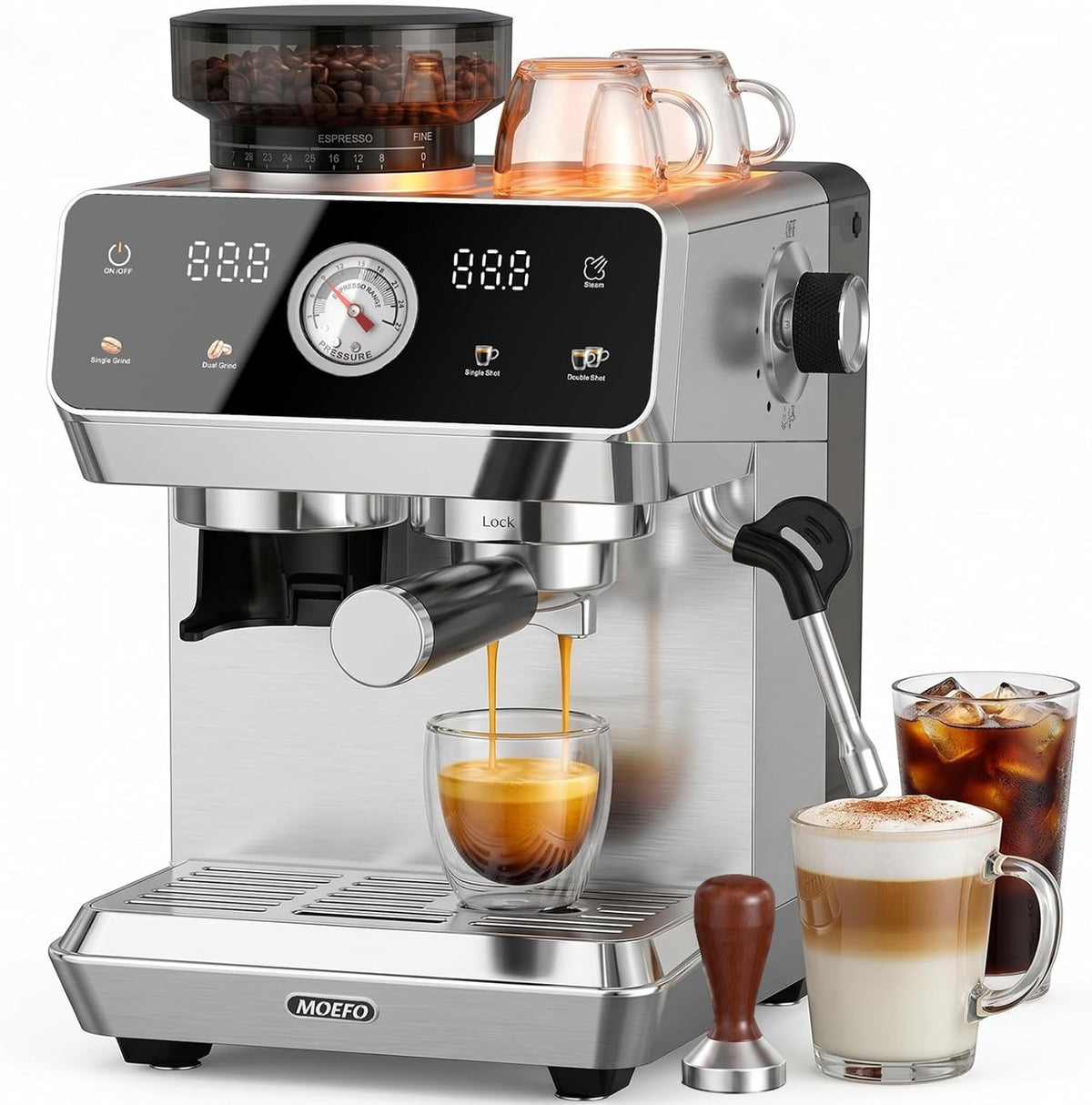 MOEFO Espresso Machine with Grinder, 20 Bar Programmable Semi-Automatic Coffee Maker, Visual Pressure Gauge & Touchscreen, Compact Design with 44-Grind Settings, Make Americano, Latte