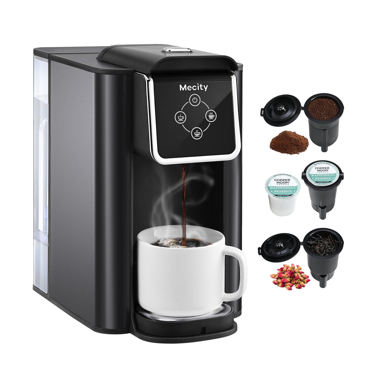 Mecity Coffee Maker 3 in 1 Single Serve Coffee Machine, Compatible with K cup Capsules, Instant Coffee Pot, Tea maker, 6,8,10 Oz Cup, Removable 50 Oz Water Reservoir, 120V 1150W, Black