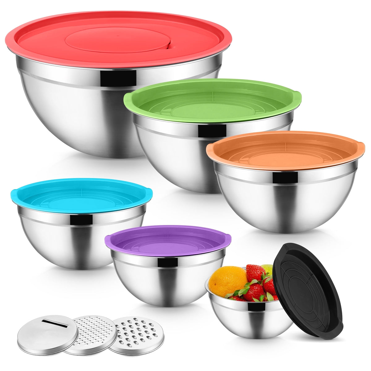 Mixing Bowls with Lids Set of 9, Vesteel Stainless Steel Mixing Bowls Metal Nesting Salad Bowls Attach with 3 Graters for Kitchen Grating/ Shredding, Size 4.6, 2.6, 2, 1.5, 1, 0.7 QT - Multi-Color