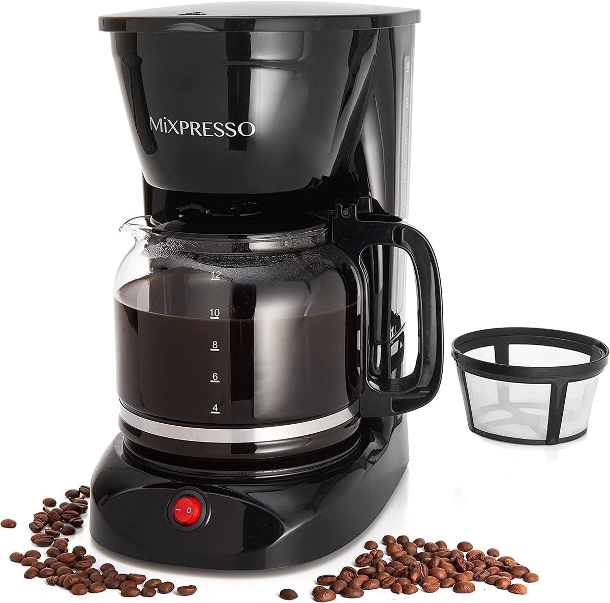 Mixpresso 12 Cup Coffee Pot, Auto-Off & Reusable Filter, Large Drip Coffee Maker 12 Cup Borosilicate Glass Carafe, Anti-Drip Coffee Machine Water Level Window, Black Electric Coffee Maker