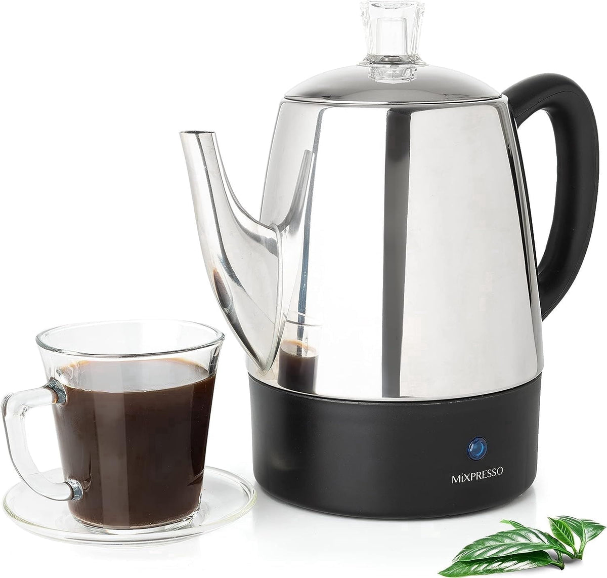 Mixpresso Percolator Coffee Pot Electric 10 Cup, Stainless Steel Coffee Maker, Coffee Percolator Electric With Keep Warm Function, 10 Cups Stainless Steel Perculator With Basket (Shiny Blue)
