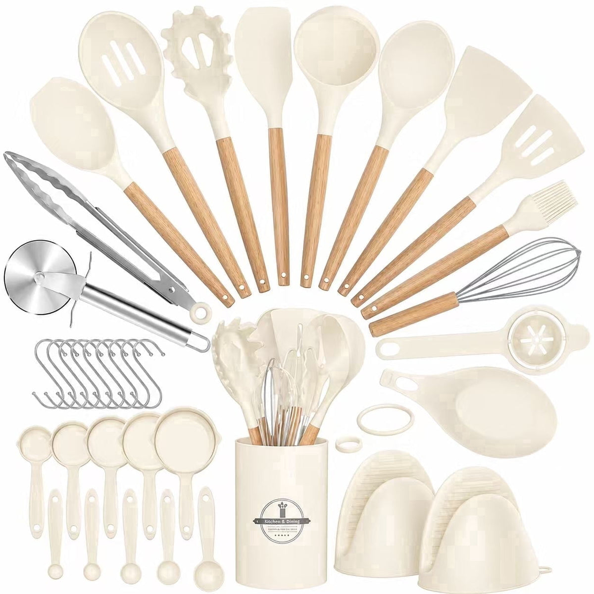 NULAS Kitchen Utensils Set, 37 pcs Non-Stick Silicone Cooking Kitchen Utensils Spatula Set with Holder,446℉ Heat Resistant,Wood Handle Kitchen Gadgets,Black
