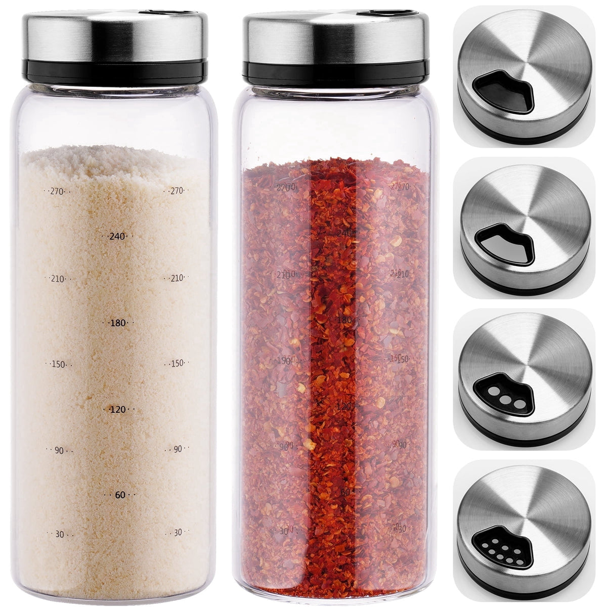 NiHome 2-Pack 10oz Spice Shakers with Adjustable Stainless-Steel Lids for Parmesan Cheese, Chili Flakes, Herbs, Salt, Pepper, Borosilicate Glass Seasoning Dispensers, Easy Refill and Dishwasher Safe