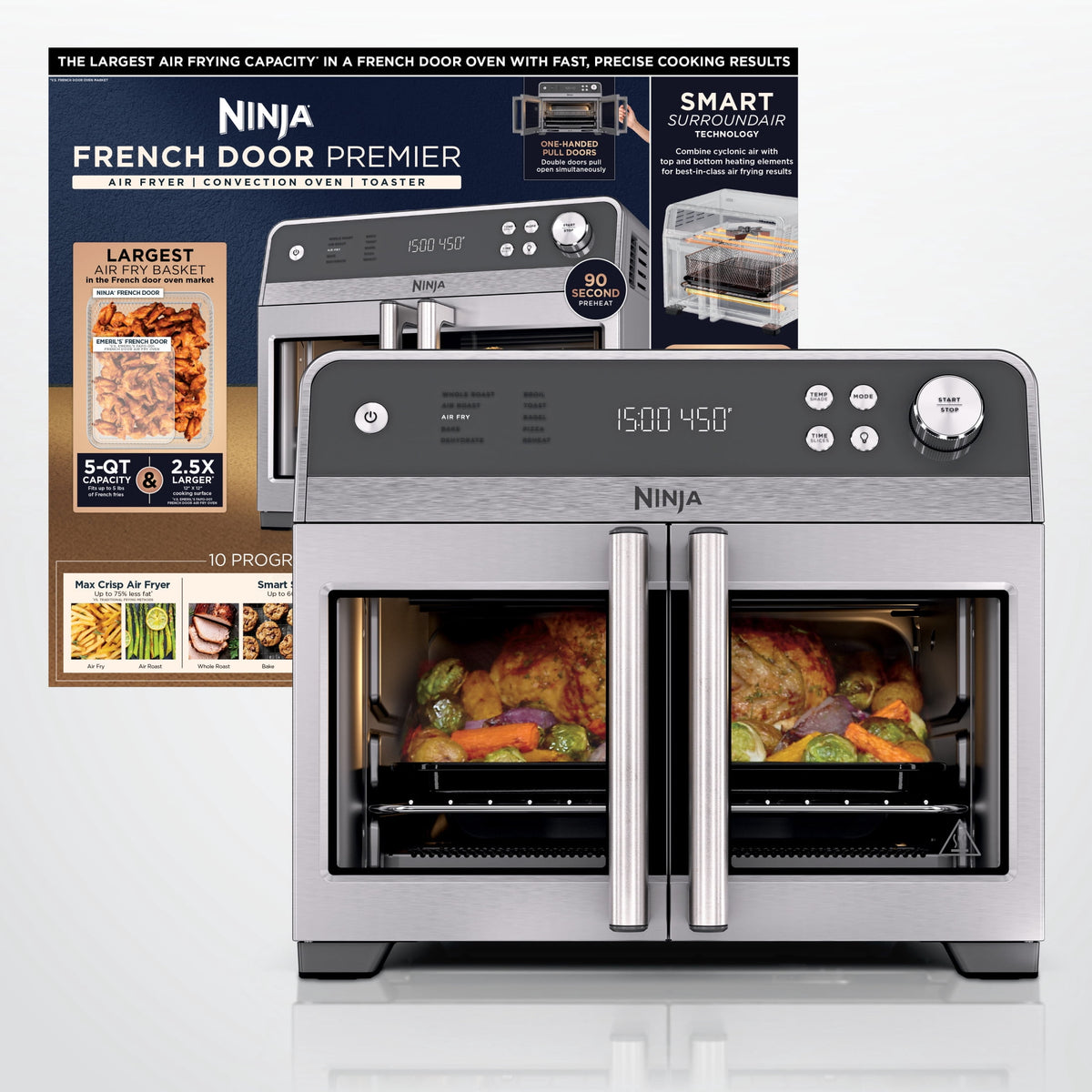 Ninja French Door 8-in-1 Countertop Oven, with Smart Surroundair Technology and Air Fry Function, Dishwasher Safe, 6 Pieces, FO100 Silver