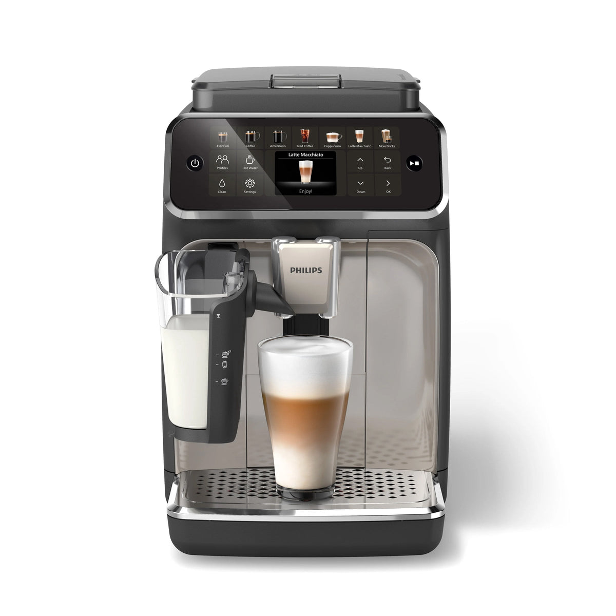 PHILIPS Series 4400 Fully Automatic LatteGo Espresso Machine, SilentBrew Technology, Quick Start. Aromatic Coffee from Freshly Ground Beans, 12 Hot and Iced Drinks, Black Chrome (EP4447/90)