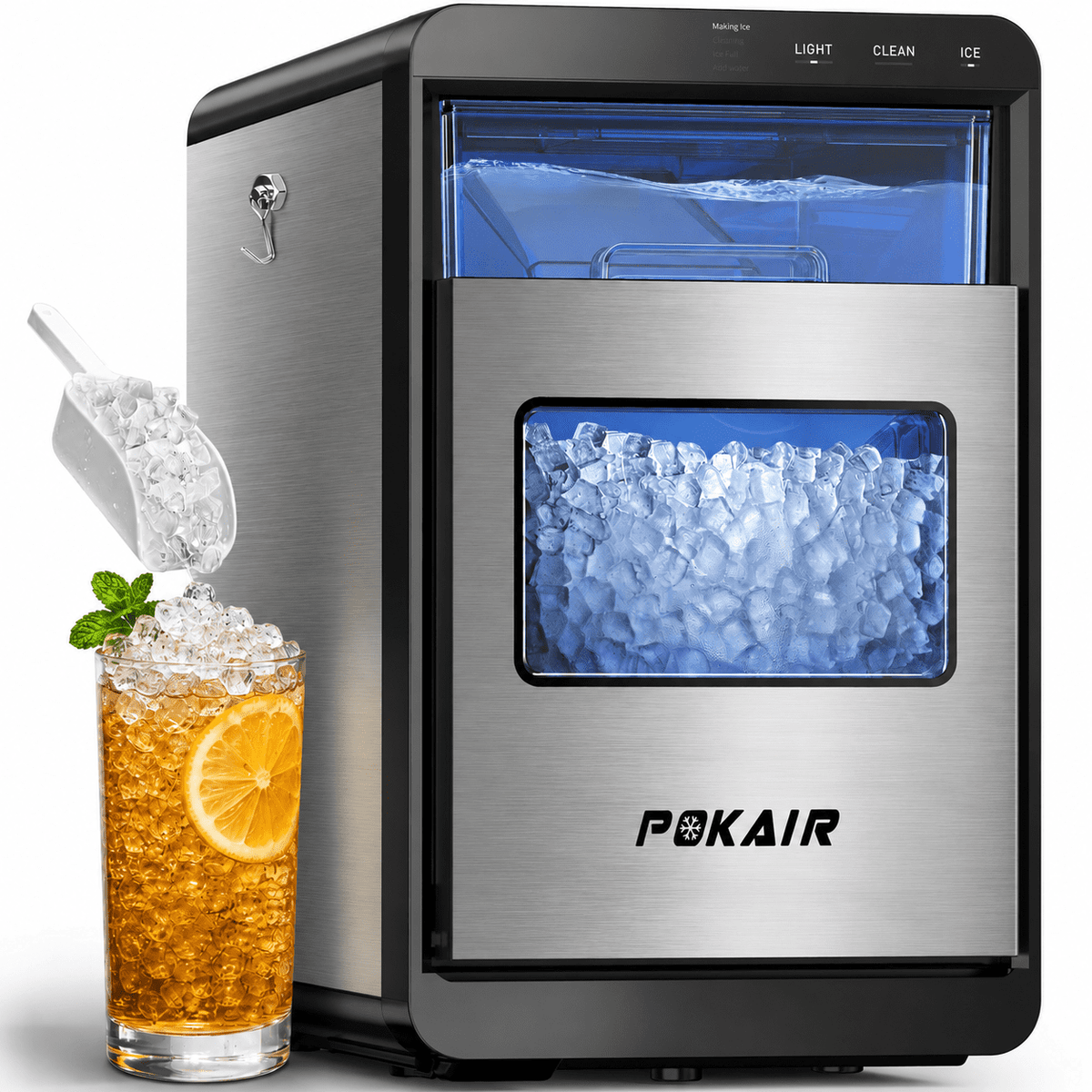 POKAIR Countertop Nugget Ice Maker for Fresh Chewable Ice, 44 lbs/Day Pebble Ice Machine, 9-Min Ice, Self-Cleaning, ETL, Brushed Stainless Steel
