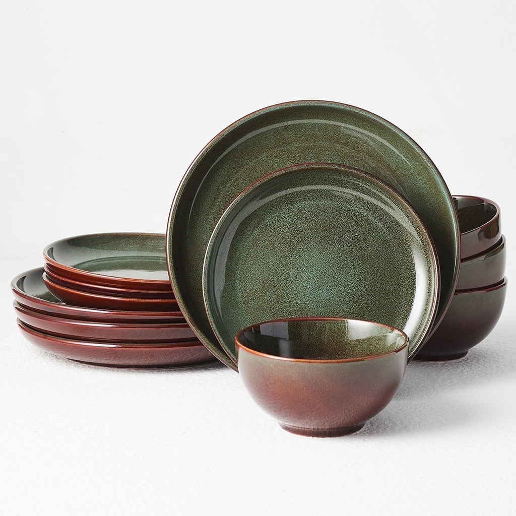 Pokini 12-Piece Stoneware Dinnerware Sets, Plates and Bowls Dish Sets for 4, Brown Green