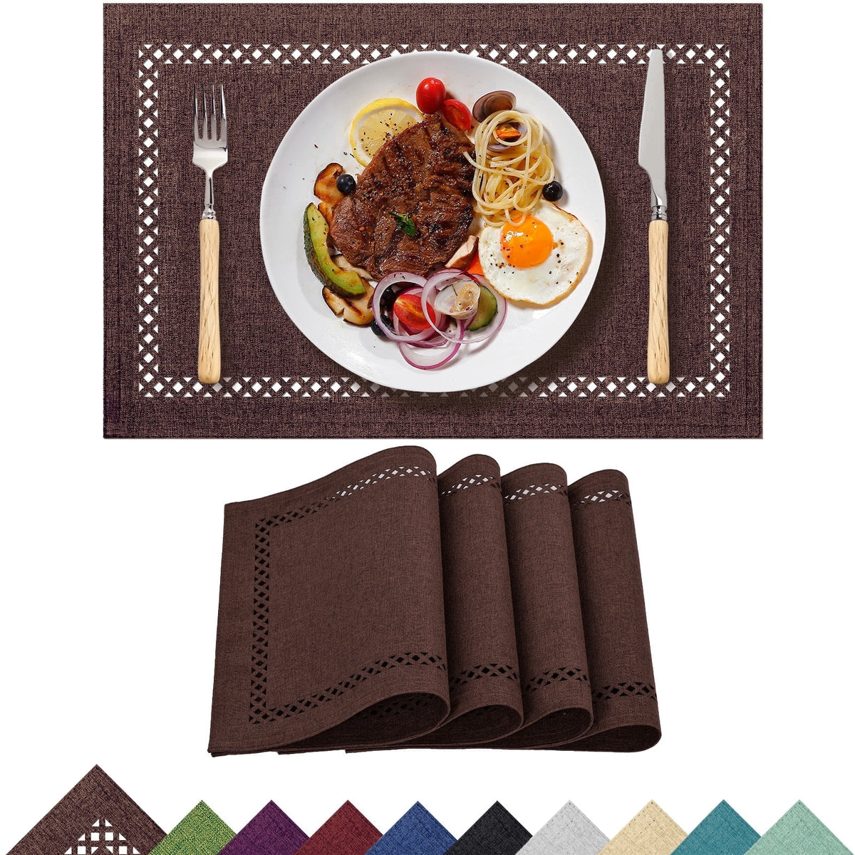 Placemats Set of 4, Yamaziot Double Layer Cloth Fabric Heat Resistant Place Mat, Washable Reversible Rectangle Dining Table Mats, Hollow Khaki, 12"x18"