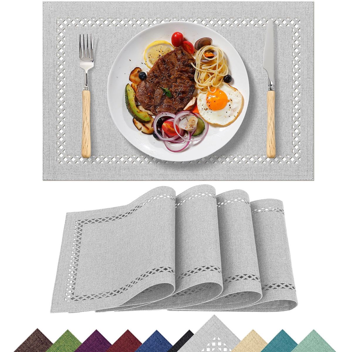 Placemats Set of 4, Yamaziot Double Layer Cloth Fabric Heat Resistant Place Mat, Washable Reversible Rectangle Dining Table Mats, Hollow Khaki, 12"x18"