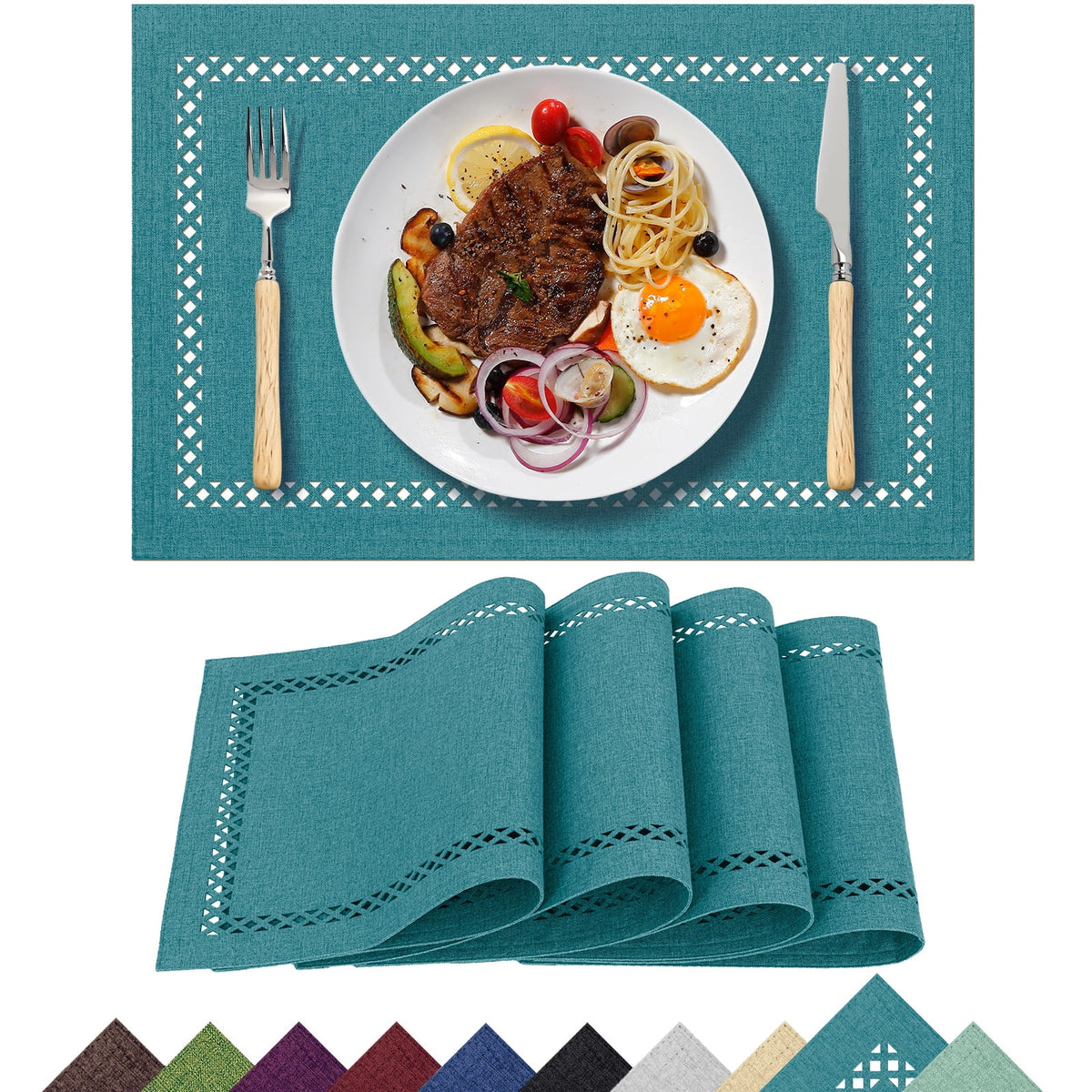 Placemats Set of 4, Yamaziot Double Layer Cloth Fabric Heat Resistant Place Mat, Washable Reversible Rectangle Dining Table Mats, Hollow Khaki, 12"x18"