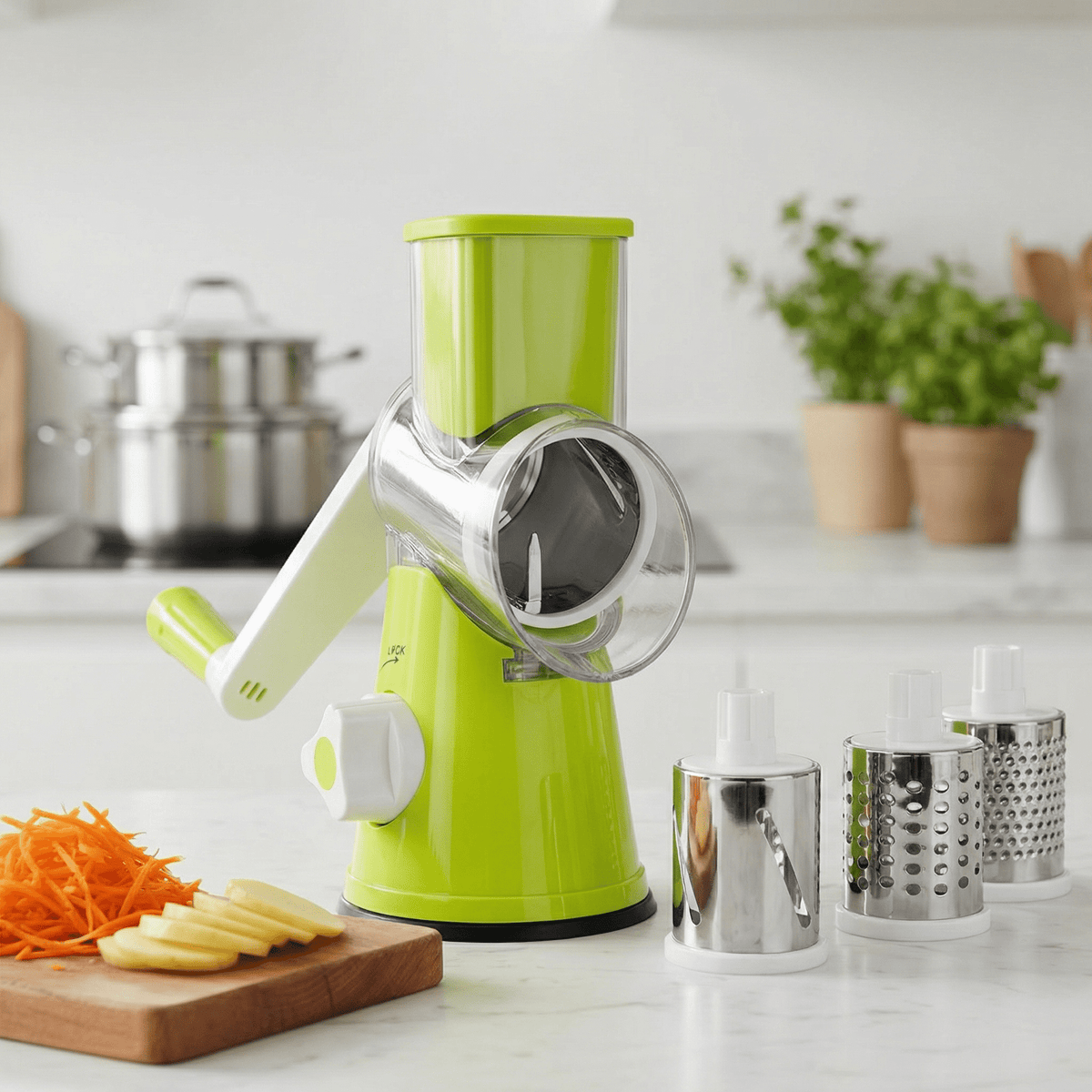 Premium Rotary Cheese Grater, Manual Cheese Grater for Kitchen, Handheld Vegetables Slicer Cheese Shredder with Rubber Suction Base, 3 Stainless Drum Blades Included,Blue