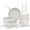 17 Piece Ceramic Pots and Pans Set Non Stick, Cookware Set with Detachable Handle, Oven Safe, Induction Ready, Stackable RV Kitchen Cooking Set Removable Handles, Cream White