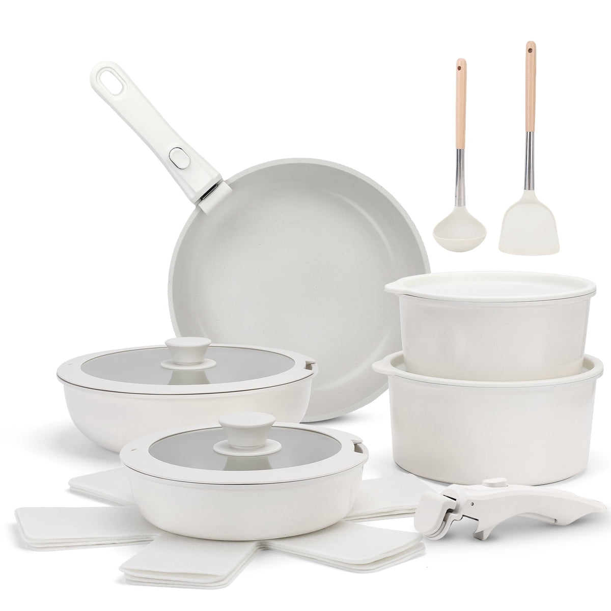 17 Piece Ceramic Pots and Pans Set Non Stick, Cookware Set with Detachable Handle, Oven Safe, Induction Ready, Stackable RV Kitchen Cooking Set Removable Handles, Cream White