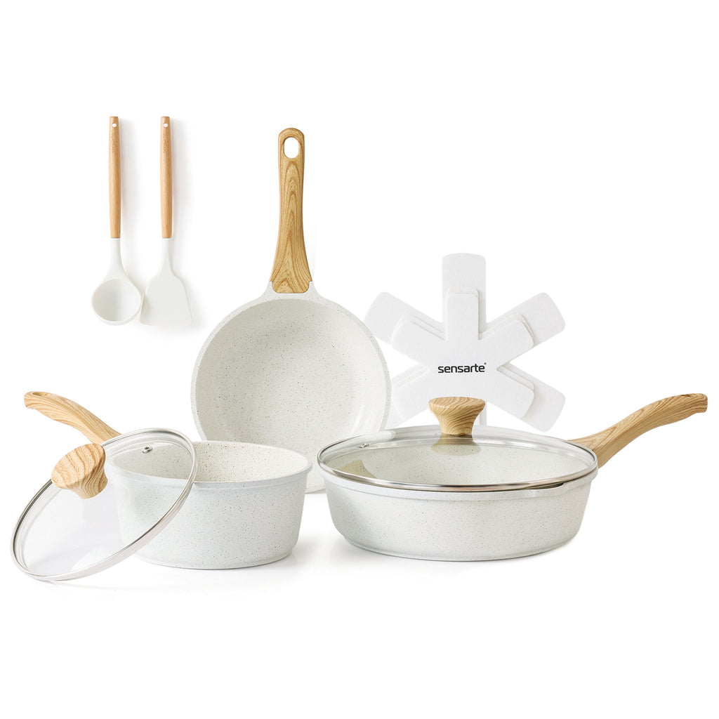 SENSARTE Ceramic Nonstick Pots and Pans Set, 10Pcs Healthy Non Stick Cookware Set with Pots Protectors, Induction Kitchen Cookware Sets, Dishwasher Safe White