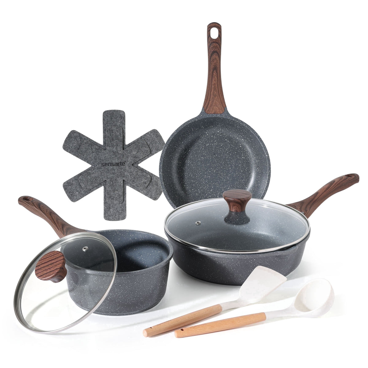 SENSARTE Ceramic Nonstick Pots and Pans Set, 10Pcs Healthy Non Stick Cookware Set with Pots Protectors, Induction Kitchen Cookware Sets, Dishwasher Safe White