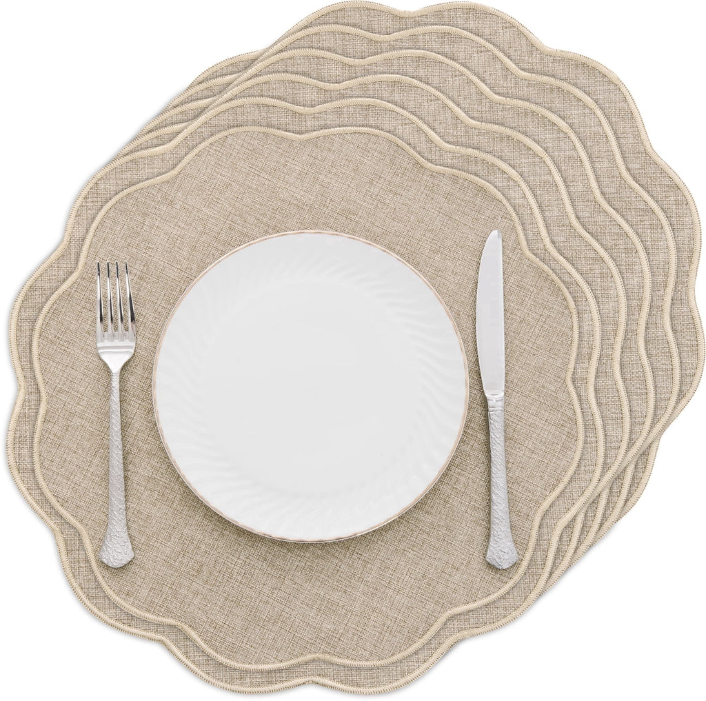 Ileading Scalloped Round Placemats Set of 6 Polyester Linen Blend Washable Non Slip Place Mats Easy Clean Heat Resistant Table Mats for Kitchen Dining Table Decor