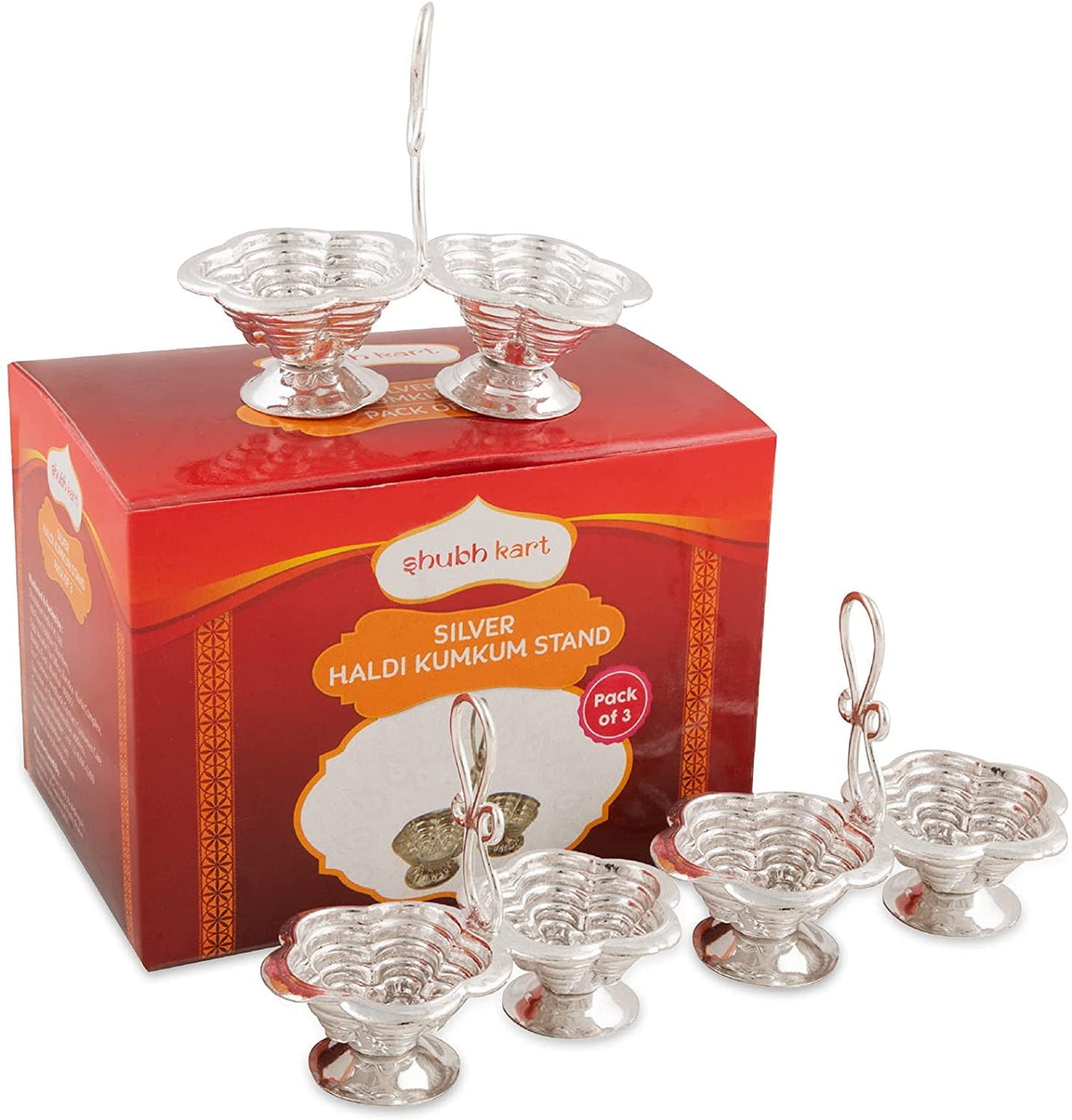 Shubhkart Pack of 3 Silver Plated Haldi Kumkum Holder Stand Set for Puja, Home, Office Décor, Diwali Gift, Festive Gift
