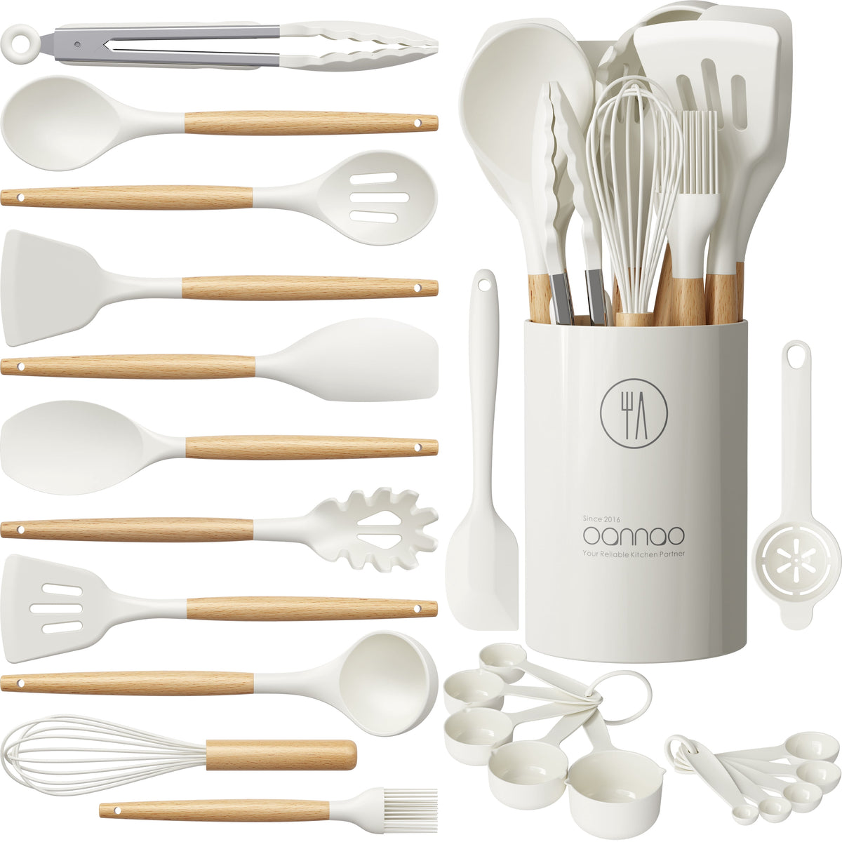 Silicone Cooking Utensils Set - Silicone Kitchen Utensils for Cooking Wooden Handles, 446°F Heat Resistant Kitchen Utensil Spatula Sets w Holder, Gadgets for Non-Stick Cookware BPA FREE (Black)
