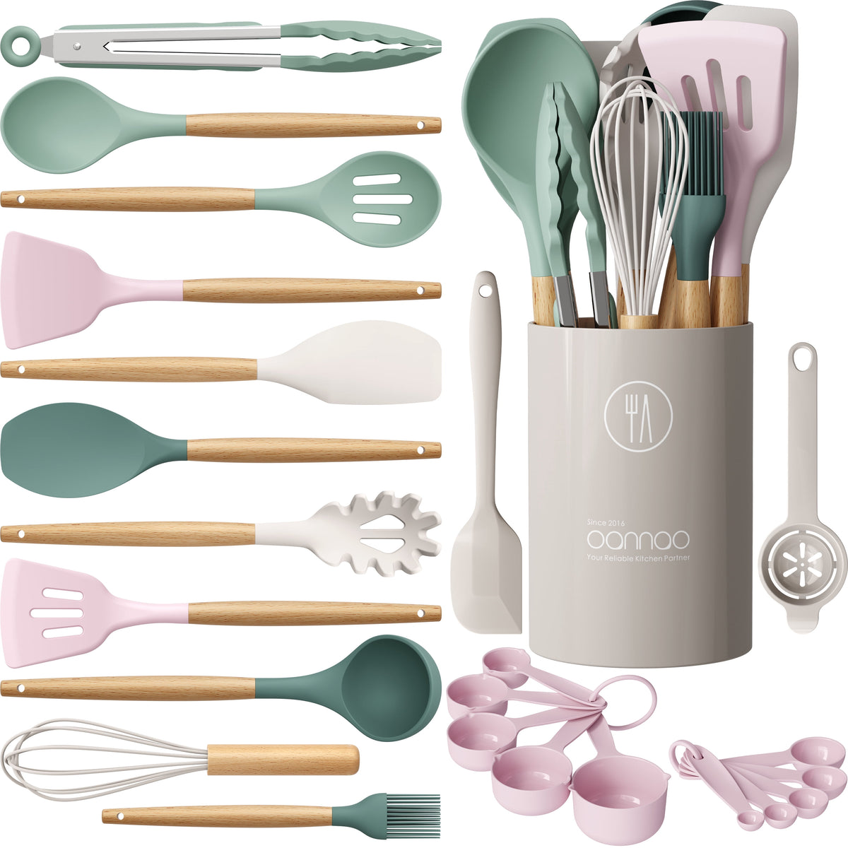 Silicone Cooking Utensils Set - Silicone Kitchen Utensils for Cooking Wooden Handles, 446°F Heat Resistant Kitchen Utensil Spatula Sets w Holder, Gadgets for Non-Stick Cookware BPA FREE (Black)