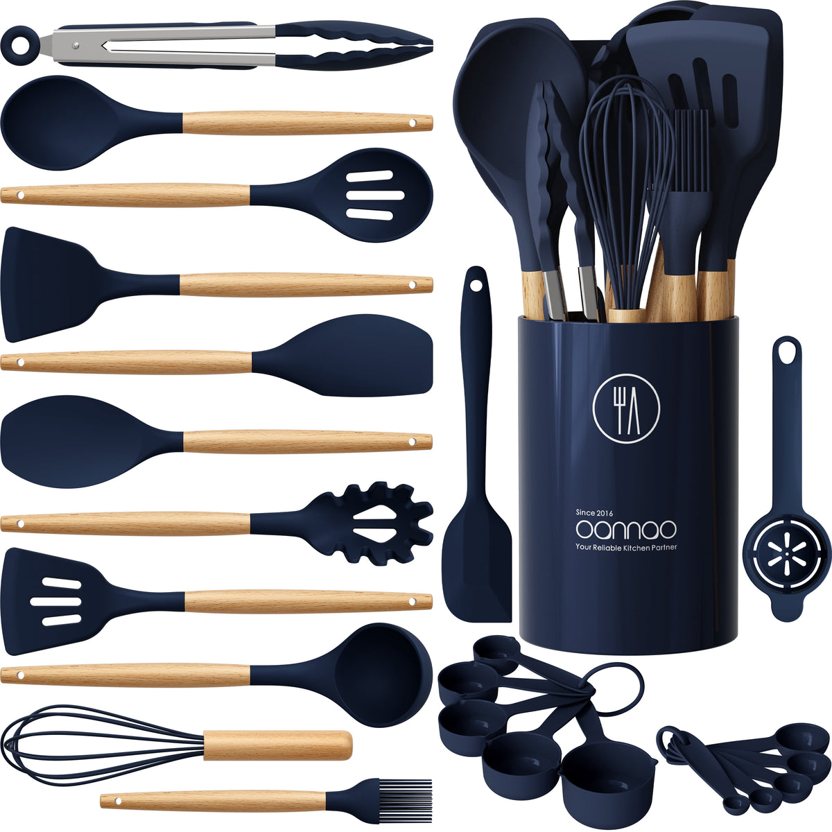 Silicone Cooking Utensils Set - Silicone Kitchen Utensils for Cooking Wooden Handles, 446°F Heat Resistant Kitchen Utensil Spatula Sets w Holder, Gadgets for Non-Stick Cookware BPA FREE (Black)