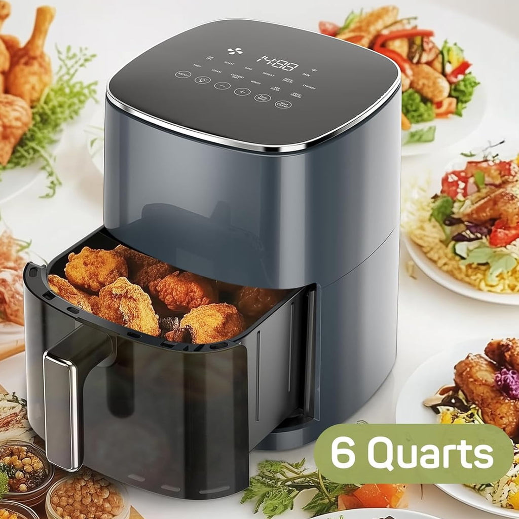 Simenmax Air Fryer, 6-Quart with Viewing Window, 12-in-1 Functions - Air Fry, Roast, Reheat, Dehydrate, Bake, Steam, and More, 400°F Max Temperature, Gray