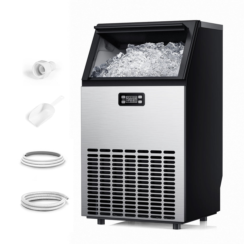 Simzlife Commercial Ice Maker, 100 Lbs/24H, Freestanding or Built-In, 33 Lb Storage Bin, Stainless Steel Ice Machine