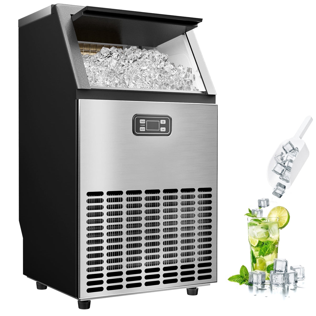 Simzlife Commercial Ice Maker, 100 Lbs/24H, Freestanding or Built-In, 33 Lb Storage Bin, Stainless Steel Ice Machine