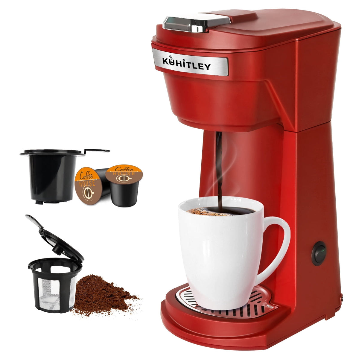 2 in 1 Single Serve Coffee Maker for K Cup Pods & Ground Coffee, Mini K Cup Coffee Machine with 6 to 14 oz Brew Sizes, Single Cup Coffee Brewer with One-Press Fast Brewing, Reusable Filters,Black