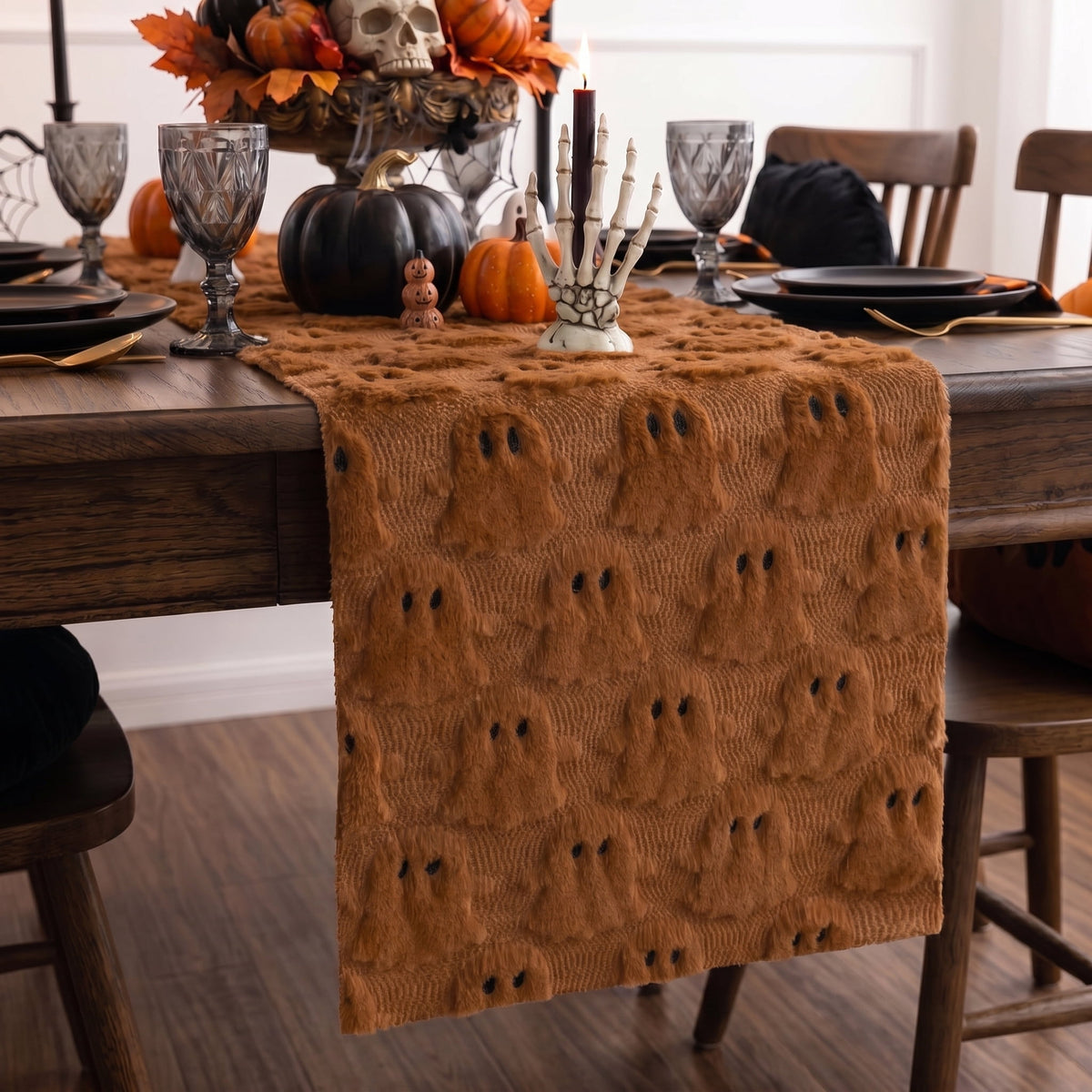 Sm:)e White Ghost Halloween Table Runner 13x72 Inch, Soft Plush Faux Fur Mantel Kitchen Dining Table Decor, Halloween Home Party Decor
