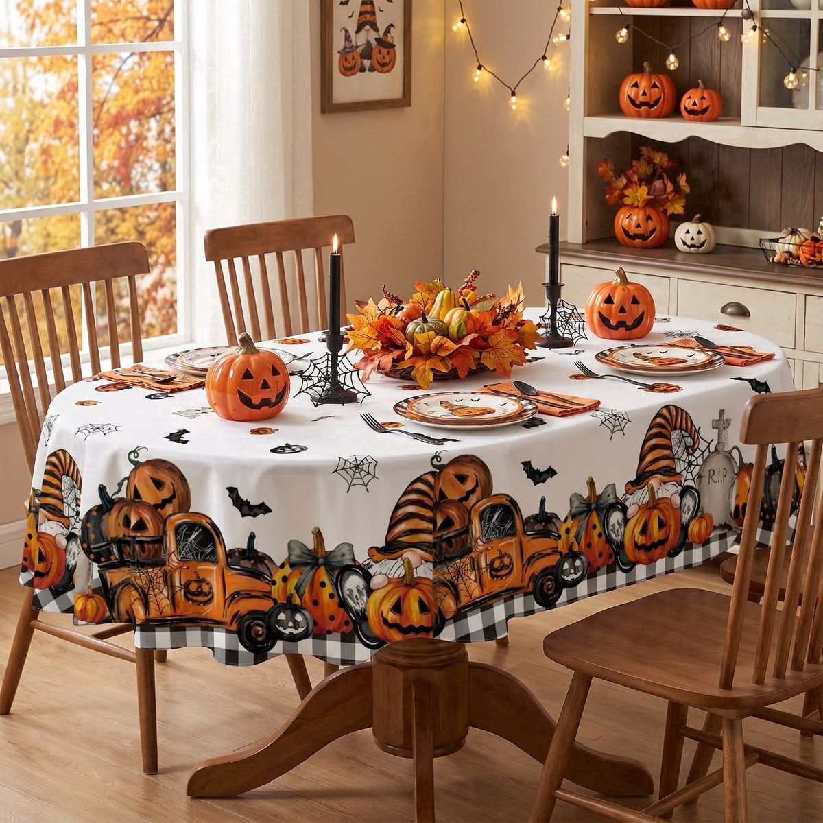 Sm:)e Truck Jack O Lantern Pumpkin Bat Buffalo Plaid Halloween Tablecloth 60 x 84 Inch, Wrinkle-Resistant Table Cover for Dining Decor, Rectangle
