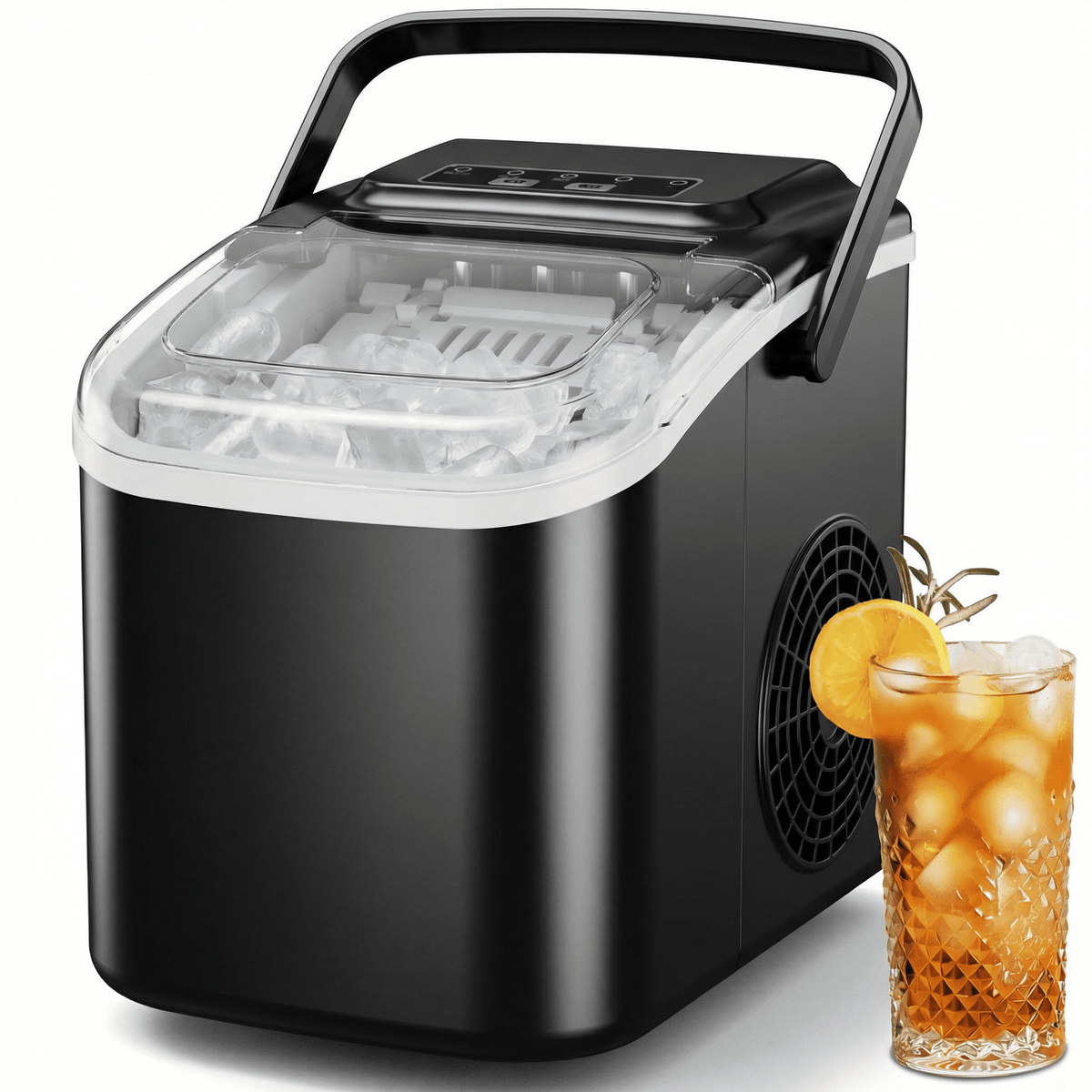 Snowyermine Countertop Ice Maker with Handle, 26 lbs/24H Portable Ice Machine, 2 Bullet Ice Sizes, 8 Cubes in 6 Minutes, Self-Cleaning for Home, Bar, RV and Camping