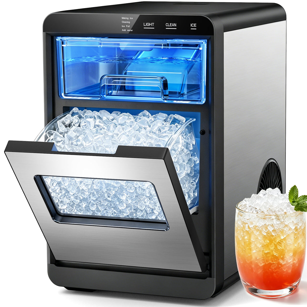 Snowyermine Nugget Ice Maker Countertop, 44 lbs per Day, Soft, Chewable Sonic-Style Pebble Ice, One-Touch Self-Cleaning, Stainless Steel, Black, for Home, Kitchen, Office, RV and Camping
