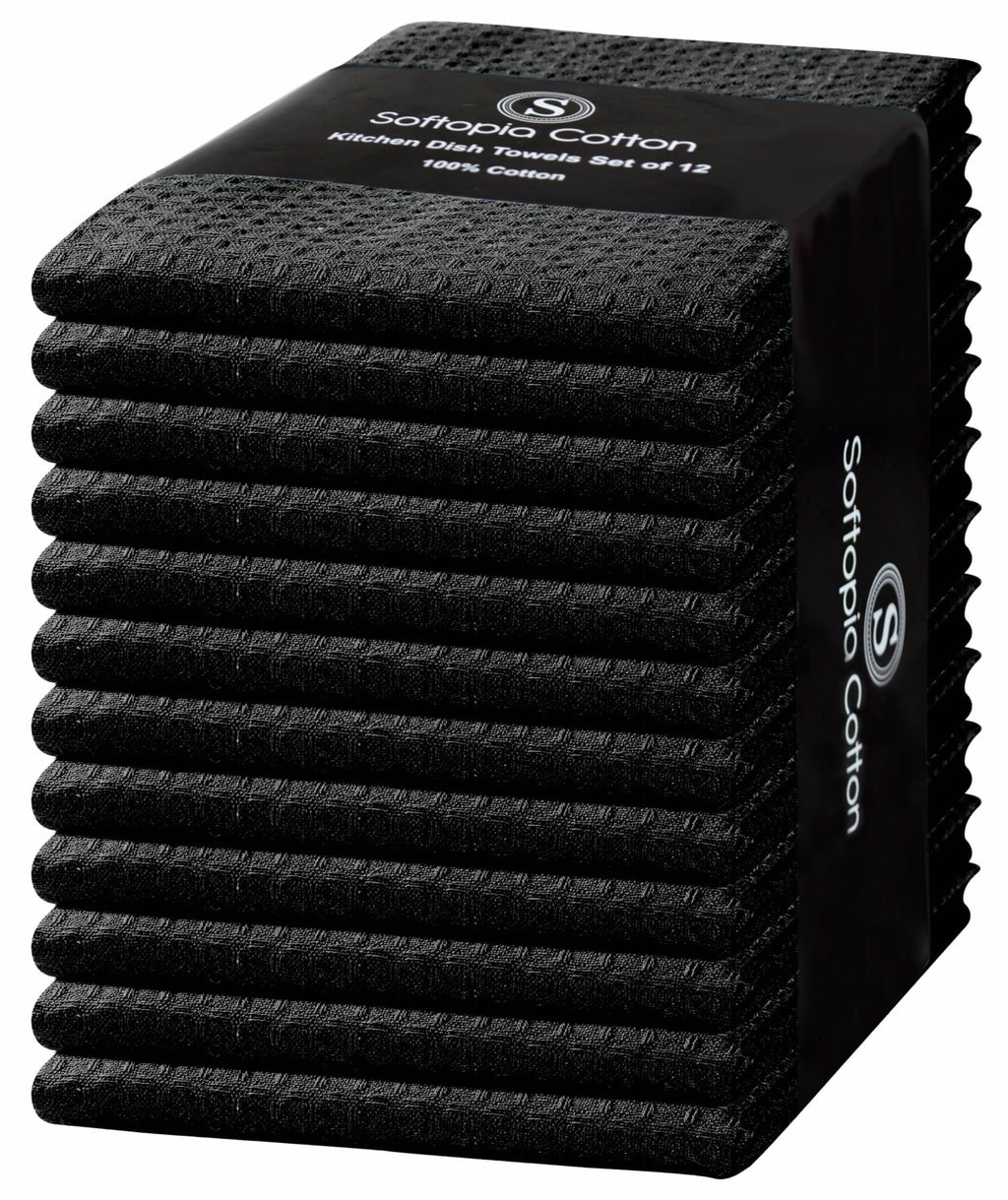 Softopia Cotton Black Waffle Kitchen Dish Towels 100% Cotton, Soft, Absorbent, Quick Drying, Multipurpose Use, Bar & Tea Towels, 16x26 Inches, Durable, Machine Washable, Reusable, Set of 12