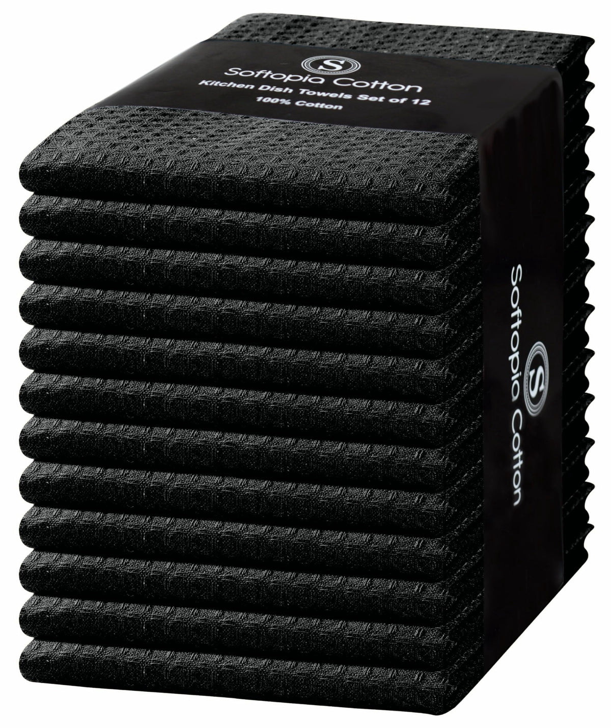 Softopia Cotton Black Waffle Kitchen Dish Towels 100% Cotton, Soft, Absorbent, Quick Drying, Multipurpose Use, Bar & Tea Towels, 16x26 Inches, Durable, Machine Washable, Reusable, Set of 12
