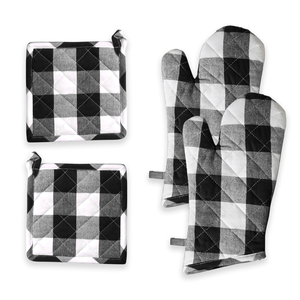 Softopia Cotton Oven Mitt & Pot Holder Buffalo Plaid Check 100% Cotton Heat Resistant Oven Gloves (7"x13") & Hot Pads (8"x8") Combo for Baking, Cooking - Black