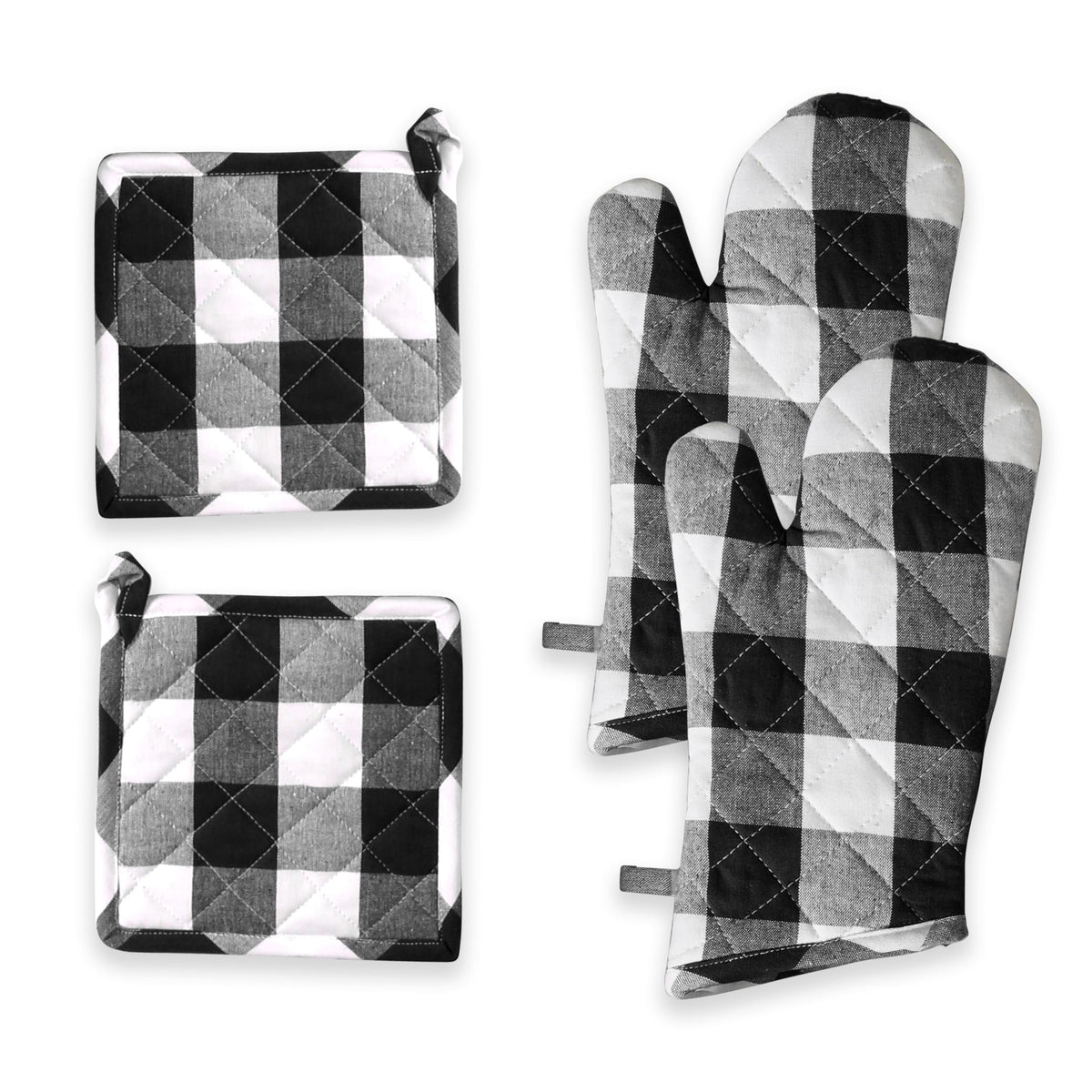 Softopia Cotton Oven Mitt & Pot Holder Buffalo Plaid Check 100% Cotton Heat Resistant Oven Gloves (7"x13") & Hot Pads (8"x8") Combo for Baking, Cooking - Black