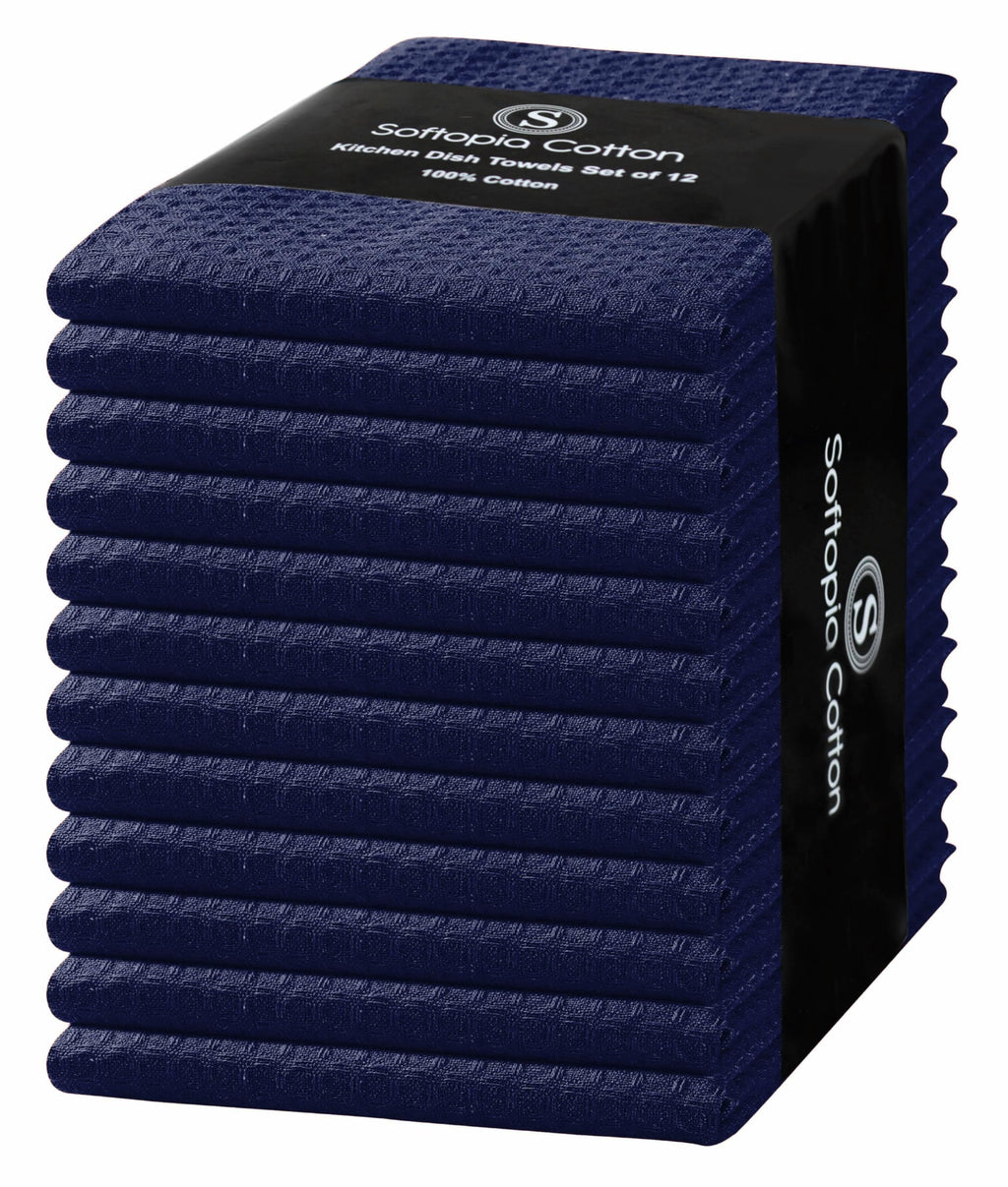 Softopia Cotton Waffle Weave Dish Towels 12 Pack, 16x26 Inches, Quick Dry Towels for Kitchen, Reusable, Absorbent Wash Cloths Set, Washable Fabric, Heavy Duty for Daily Use - Navy Blue
