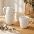 Soulgenix Coffee Mugs Set of 4, 14 Ounce Mug with Handles, Embossed Ceramic Coffee Cups for Coffee, Tea, Hot Cocoa, Milk, Microwave and Dishwasher Safe, Idea Gift for House Warming Gifts, Off White