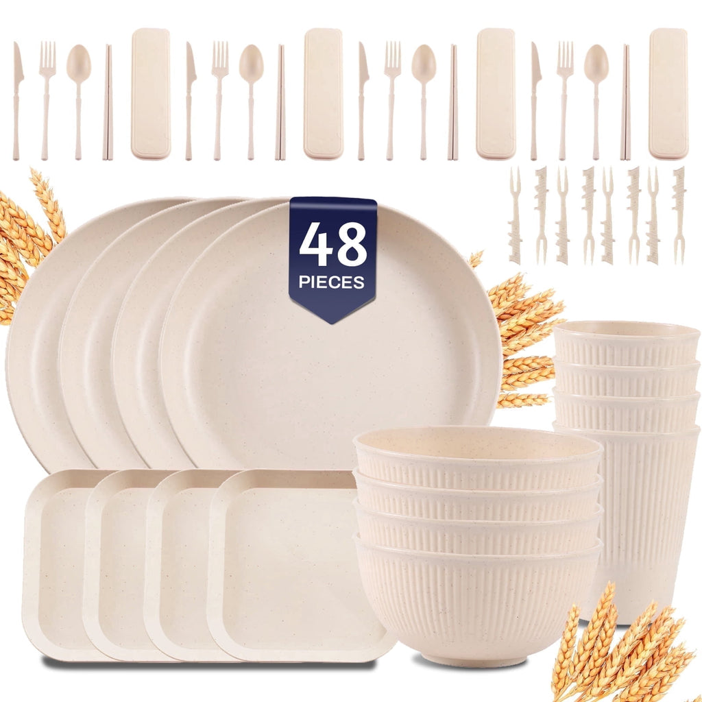 Soulgenix Wheat Straw Dinnerware Sets, 48 Pcs Unbreakable Dinnerware Sets for 4, Microwave Dishwasher Safe, Beige