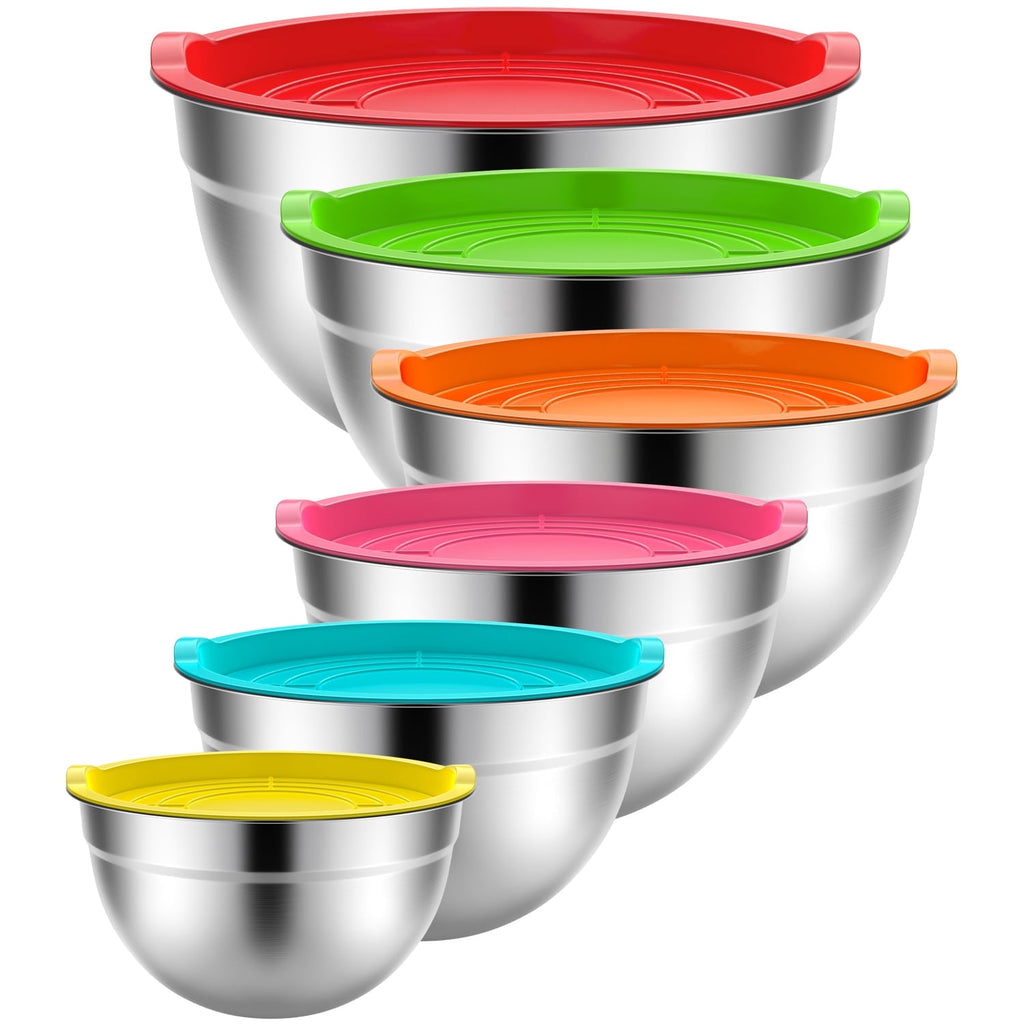Stainless Steel Mixing Bowls Set, TINANA 6 Pack Mixing Bowls with Lids, Metal Nesting Storage Bowls for Kitchen, 4.5/3/2.5/2/1.5/0.75QT, Great for Prep, Baking, Serving, Multicolor