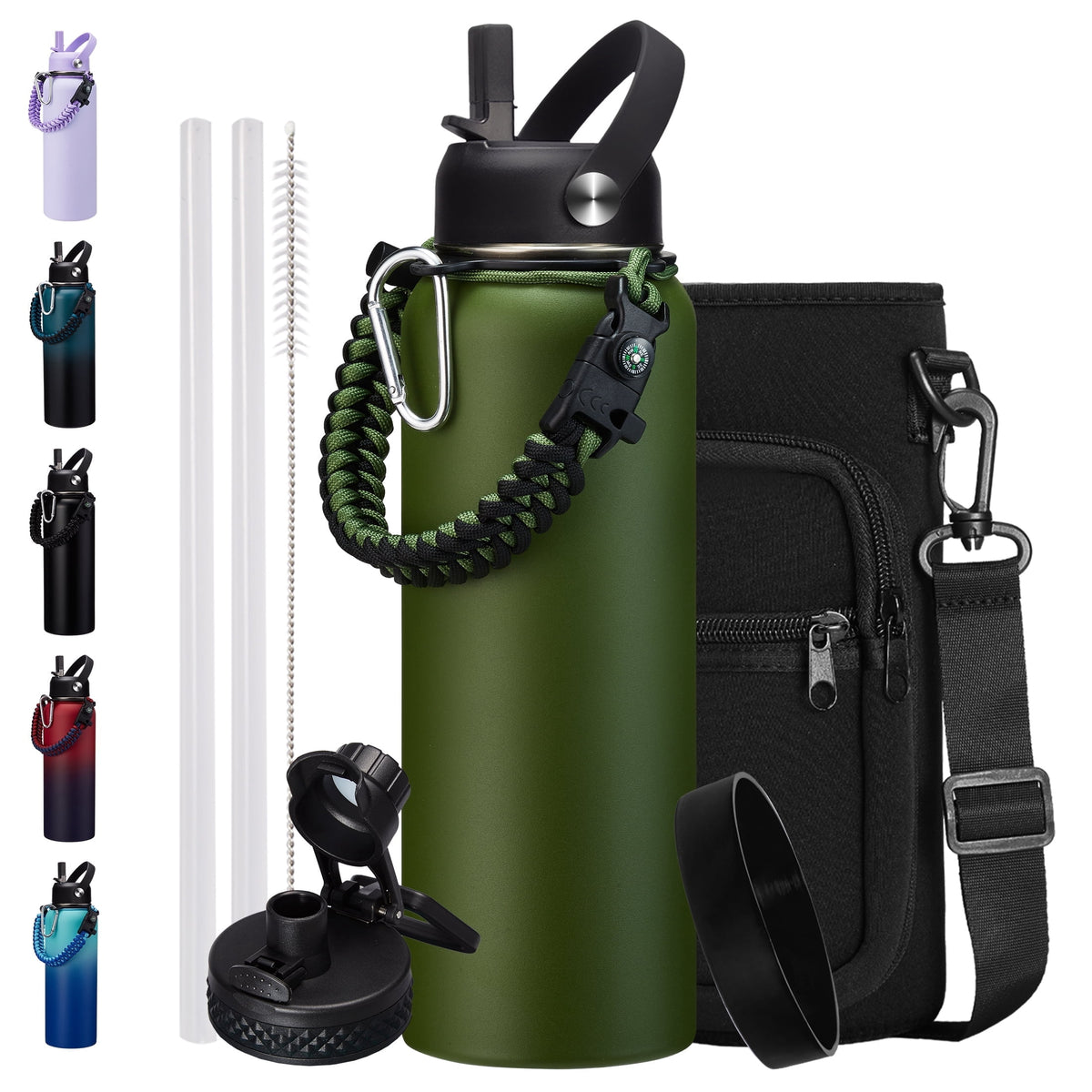 64 oz Water Bottle with Straw & Spout Lids - Half Gallon Insulated Water Bottle,Wide Mouth Metal Canteen Thermo Flask,Leak-proof Water Jug,Black