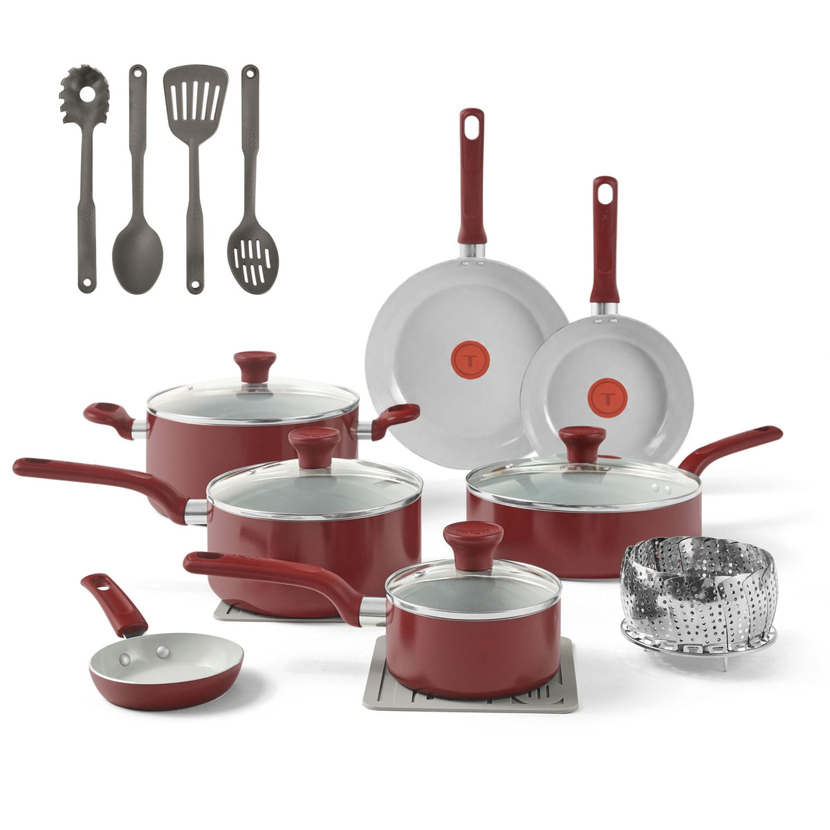 T-fal Easy Care 18 Piece Ceramic Nonstick Cookware Set, Pots and Pans, Mint Green