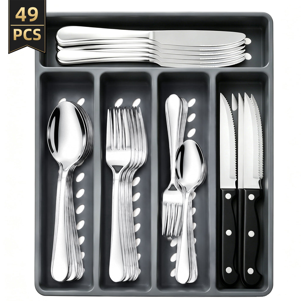 TINANA 48 PCS Silverware Sets with Organizer, Silver Flatware Set Set for 8, Stainless Steel Cutlery Utensil Set with Steak Knives Forks and Spoons