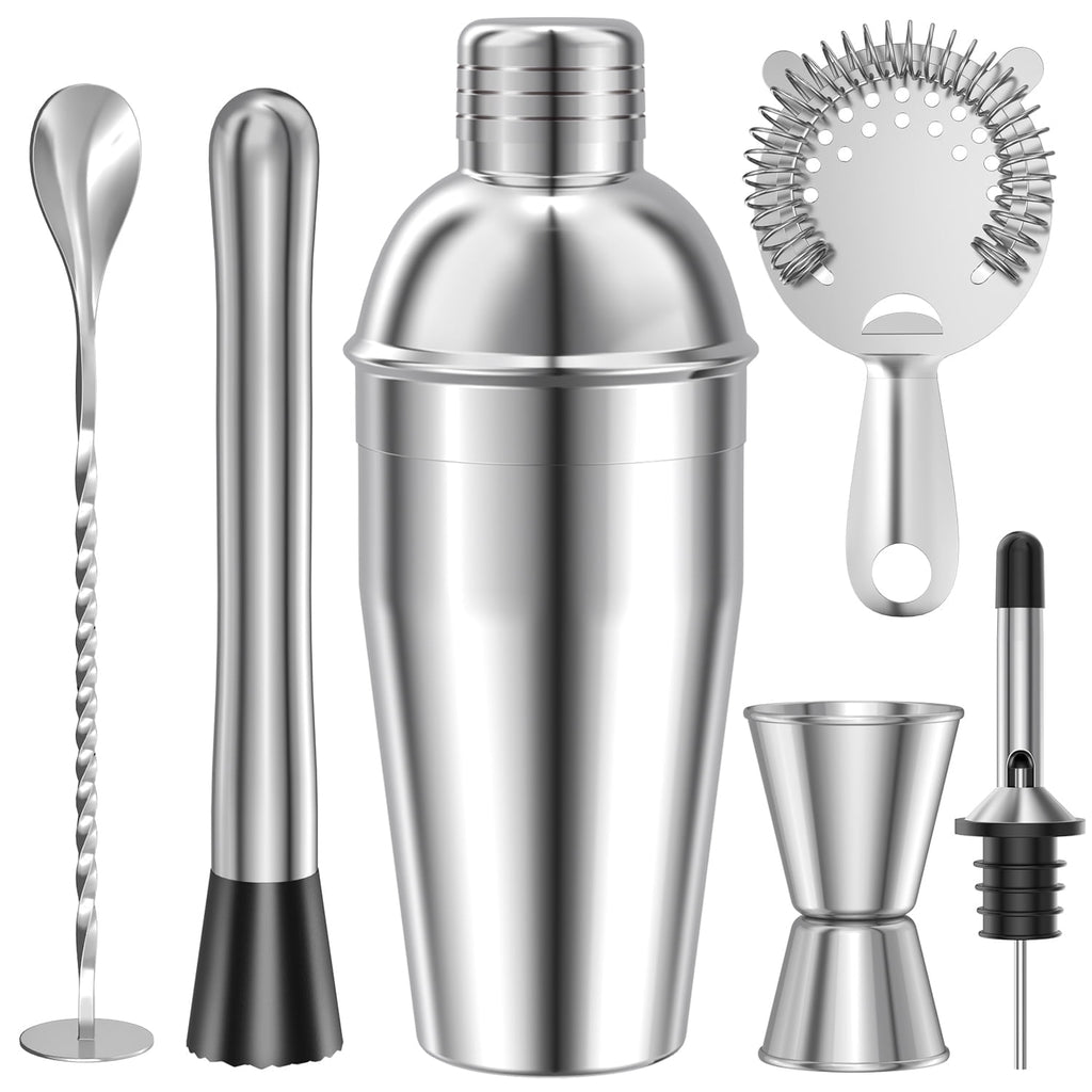 TINANA 6 PCS Cocktail Shaker Set, 25oz Shaker, Strainer, Muddler, Jigger, Mixing Spoon, Pour Spout, Stainless Steel Bartender Kit, Perfect for Home, Bar, or Gift