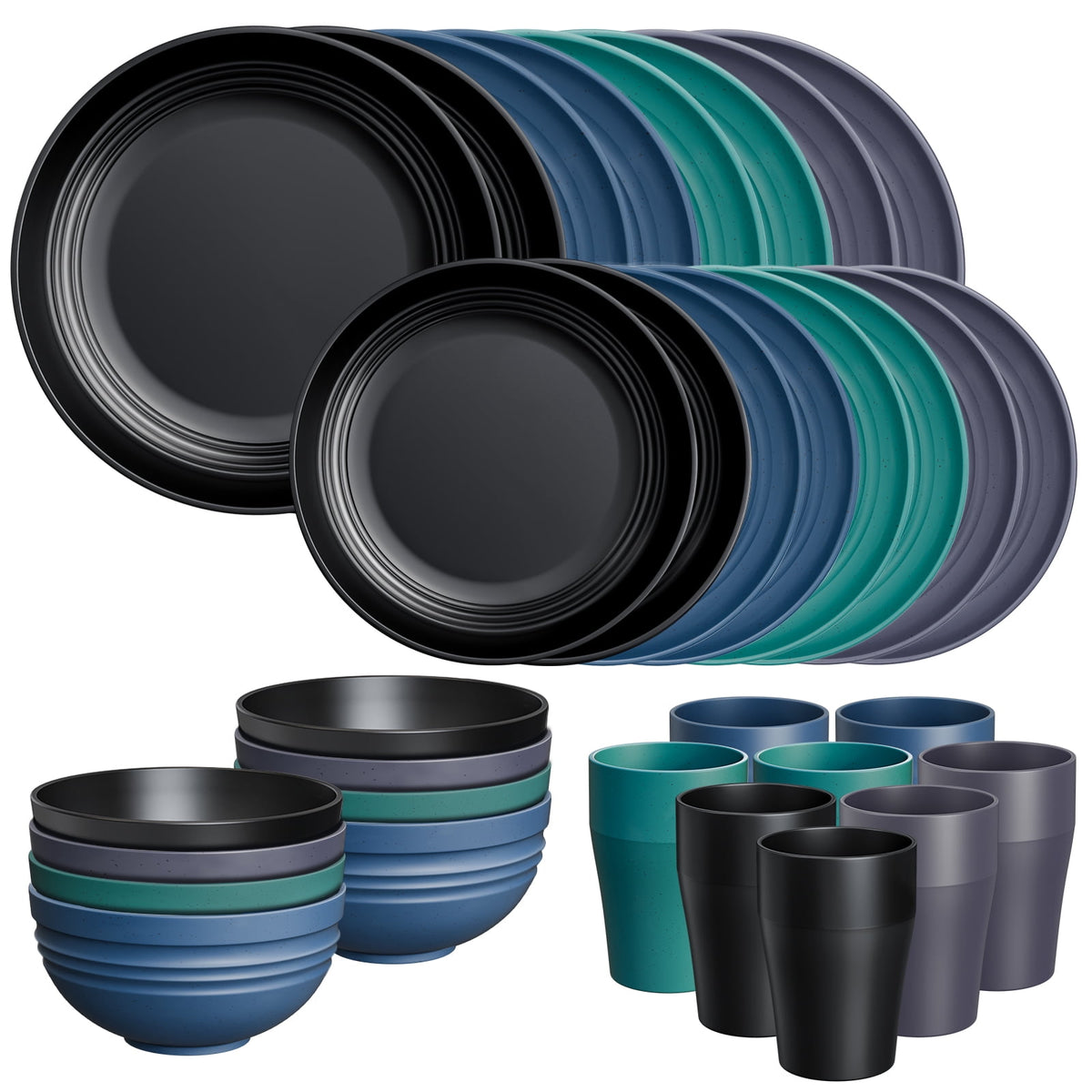 TINANA Wheat Straw Dinnerware Sets, Service for 8, 32 PCS Unbreakable Dinnerware,Microwave Dishwasher Safe - Black