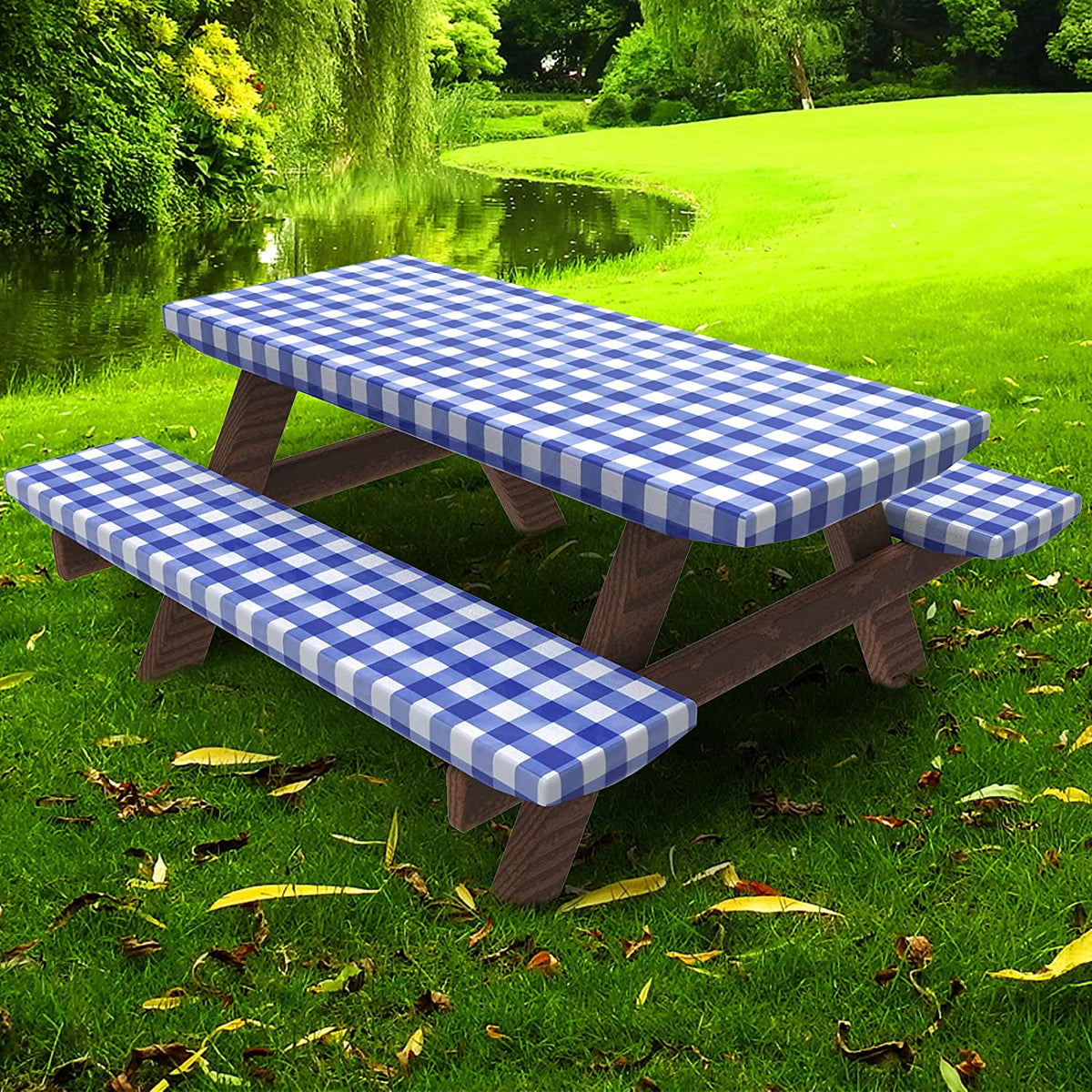 UMINEUX 3-Piece Rectangle Checkered Picnic Table Cover with Bench Covers Vinyl Flannel Backing with Elastic Edge (30"x72", Black and White)
